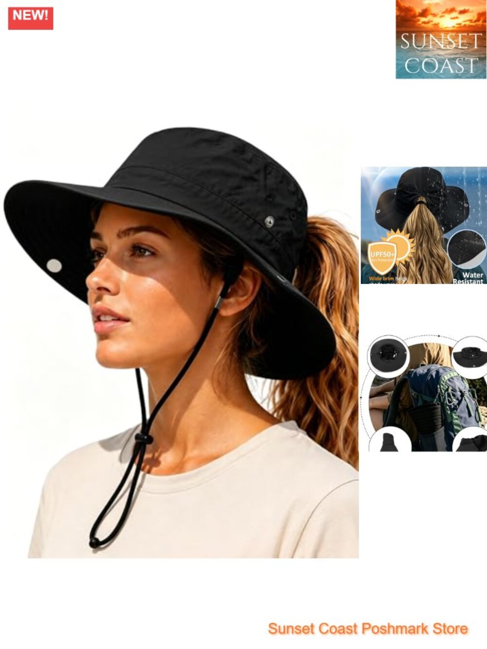 Women's Waterproof Wide Brim Sun Hat with Ponytail Hole